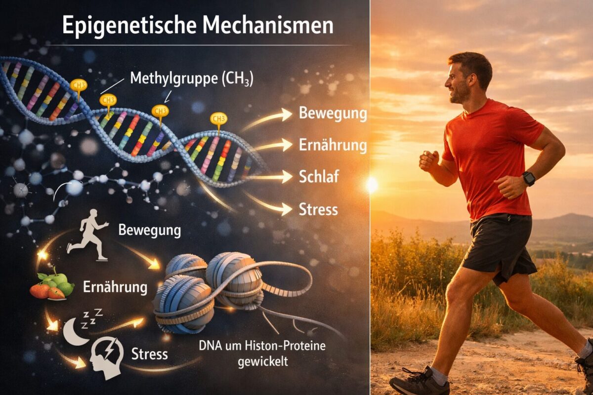 Detailed () scientific infographic illustration showing epigenetic mechanisms: a DNA double helix with colorful methyl group
