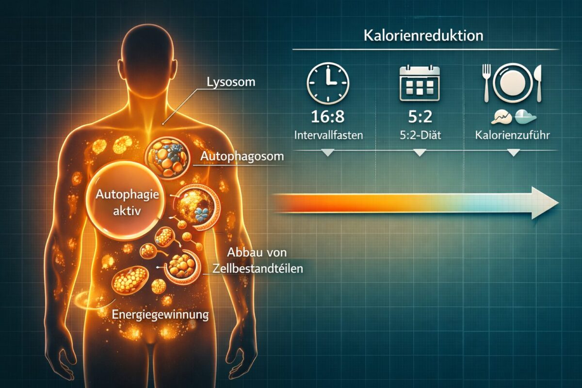 Detailed () scientific infographic illustration showing human cell autophagy process during caloric restriction. Split