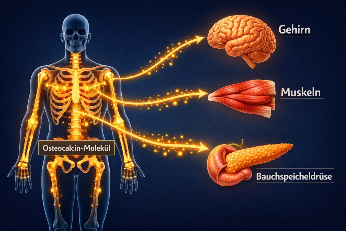 Osteocalcin: Das völlig unterschätzte Anti-Aging-Hormon aus unseren Knochen 1 Detailed () scientific infographic illustration showing human skeleton silhouette with glowing osteocalcin molecules