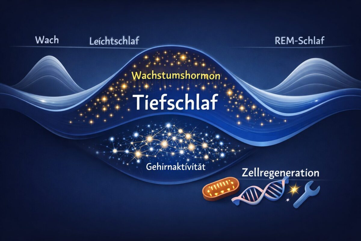 Tiefschlaf: Der ultimative nächtliche Jungbrunnen 1 Detailed () scientific infographic illustration showing human sleep cycle stages as a flowing wave diagram with Tiefschlaf