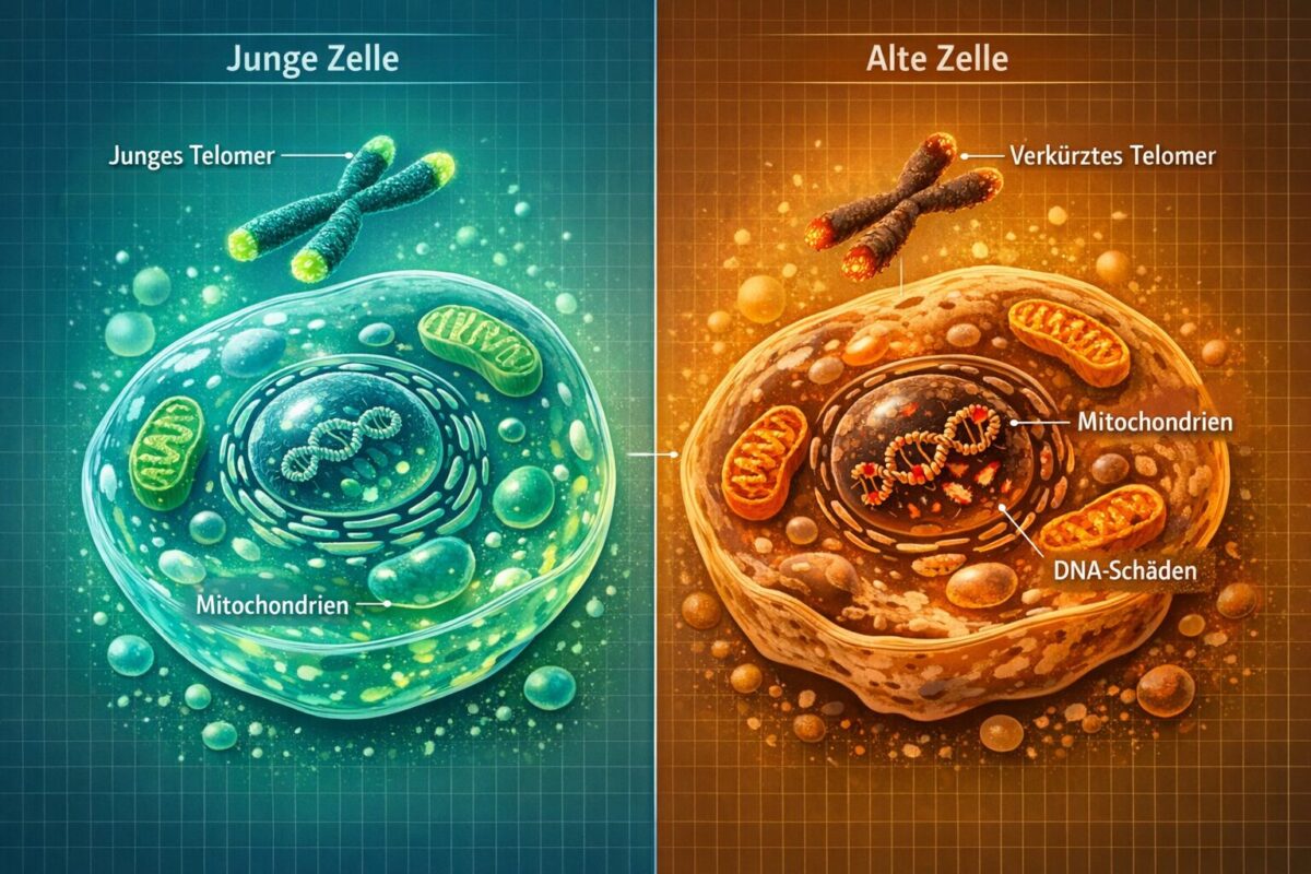 Detailed () scientific infographic illustration showing side-by-side comparison of young versus aged human cells, with