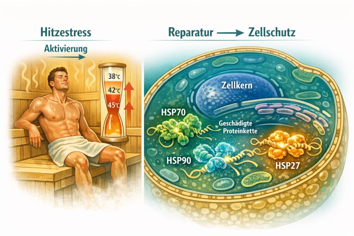 Detailed () scientific infographic illustration showing the HSP (Hitzeschockprotein) activation cascade: a split-scene