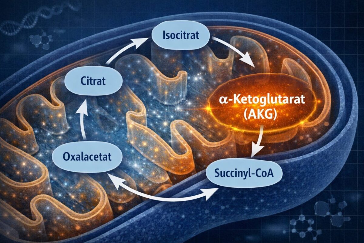 Alpha-Ketoglutarat (AKG): Der Geheimtipp unter den Longevity-Molekülen 1 Detailed () scientific infographic illustration showing the Krebs-Zyklus (citric acid cycle) as a circular diagram with
