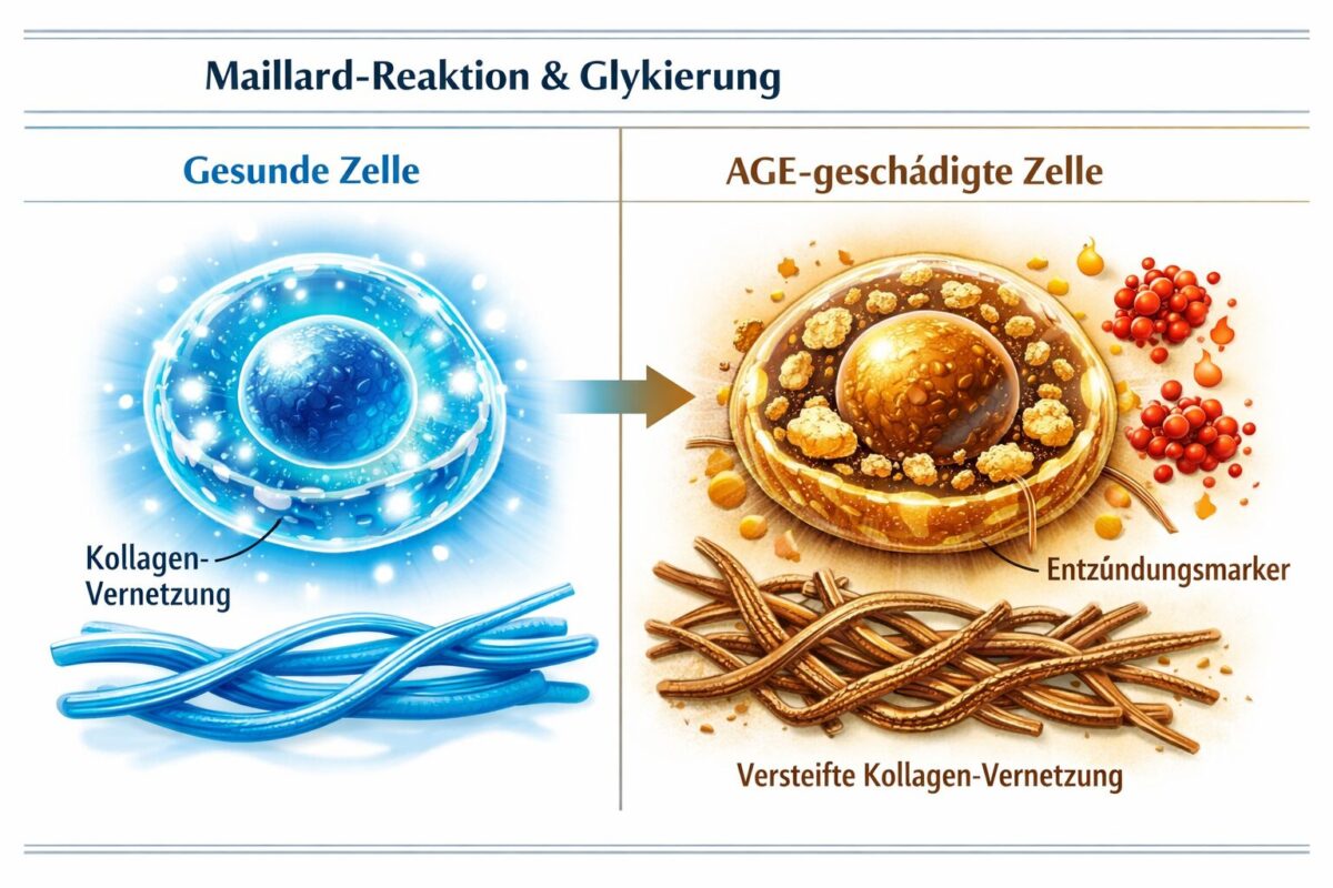 AGEs im Körper: Wie versteckter Zucker unsere Zellen buchstäblich karamellisiert 1 Detailed () scientific infographic illustration showing the Maillard-Reaktion and Glykierung process inside human body