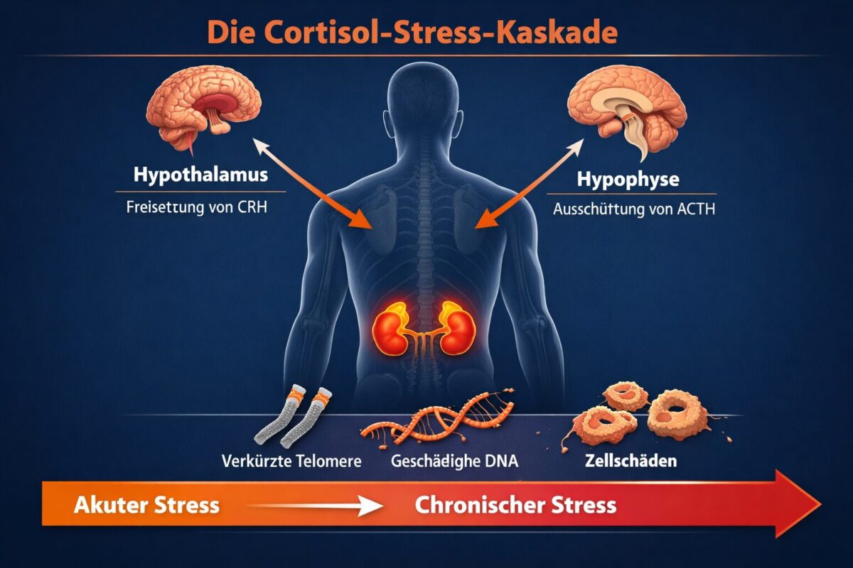 Cortisol: Wie chronischer Stress dich schneller altern lässt 1 Detailed () scientific infographic illustration showing the human body's cortisol stress cascade: a central figure with