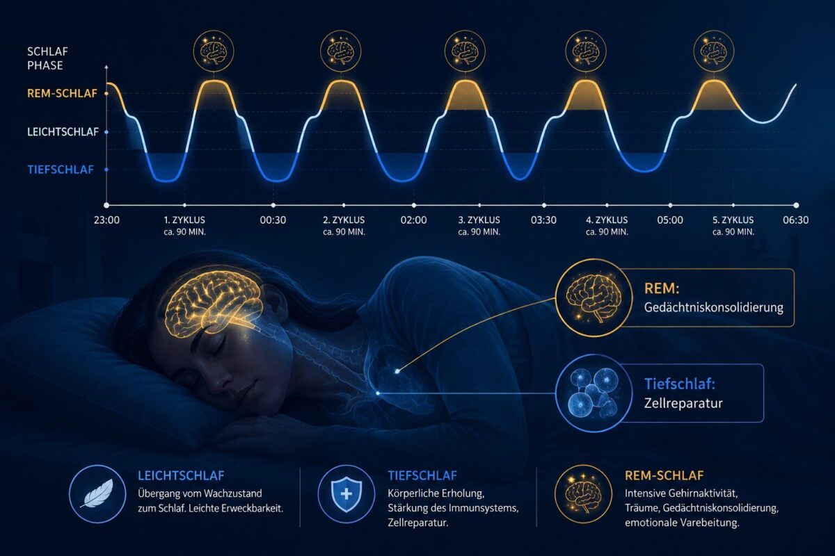 Warum guter Schlaf das Geheimnis für mehr Energie ist 1 Detailed () scientific infographic illustration showing the human sleep cycle stages — Leichtschlaf, Tiefschlaf, REM-Schlaf