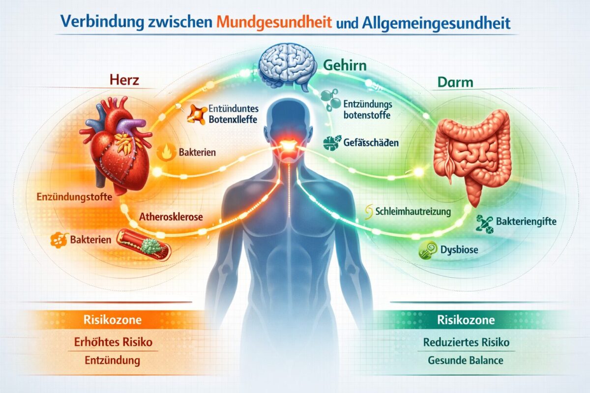 Detailed () scientific infographic illustration showing the oral-systemic health connection: a central human silhouette with