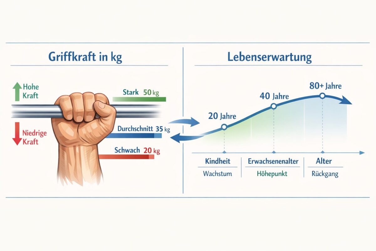 Griffkraft: Warum starke Hände deine Lebenserwartung vorhersagen 1 Detailed () scientific infographic illustration: split composition showing on the left a strong hand gripping a steel bar
