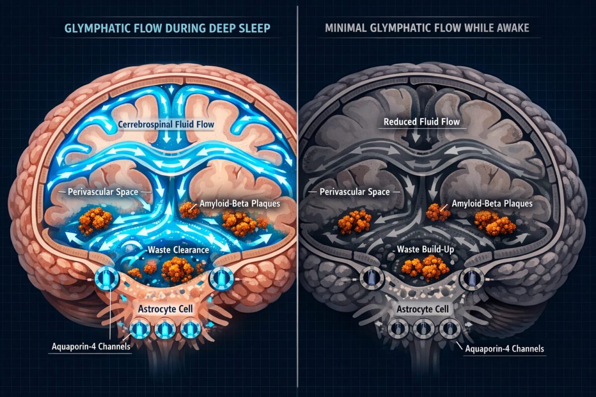 Detailed () scientific infographic-style illustration showing a cross-section of sleeping human brain with glymphatic
