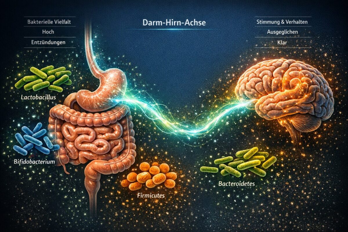 Mikrobiom: Warum ein gesunder Darm der Schlüssel für gesundes Altern ist 1 Detailed () scientific infographic-style illustration showing the gut-brain axis as a glowing neural pathway connecting a