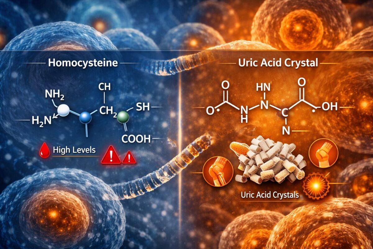 Detailed () scientific infographic-style illustration showing two side-by-side molecular diagrams: homocysteine amino acid