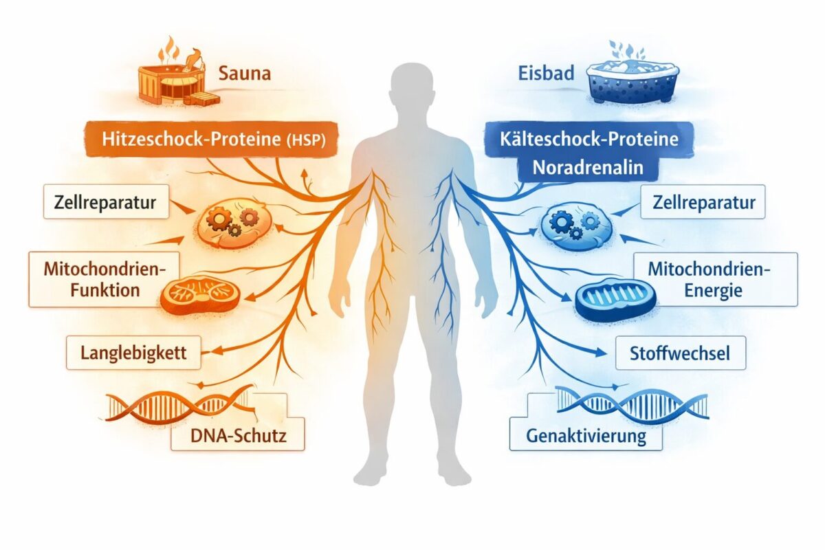 Hormetischer Stress: Länger leben durch Eisbad und Sauna 1 Detailed scientific infographic-style landscape image () showing a human body silhouette in the center with branching