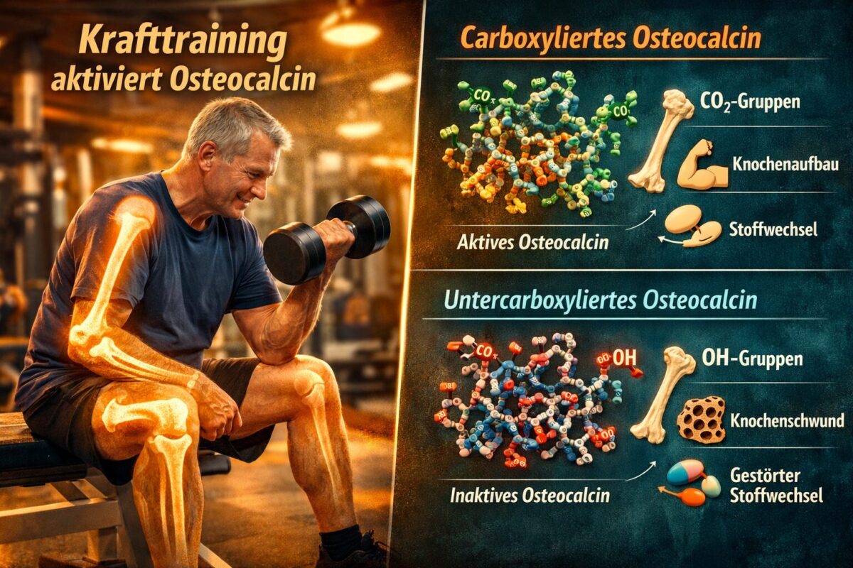 Osteocalcin: Das völlig unterschätzte Anti-Aging-Hormon aus unseren Knochen 2 Detailed () showing a split-scene composition: left side depicts an older adult doing strength training with glowing bone