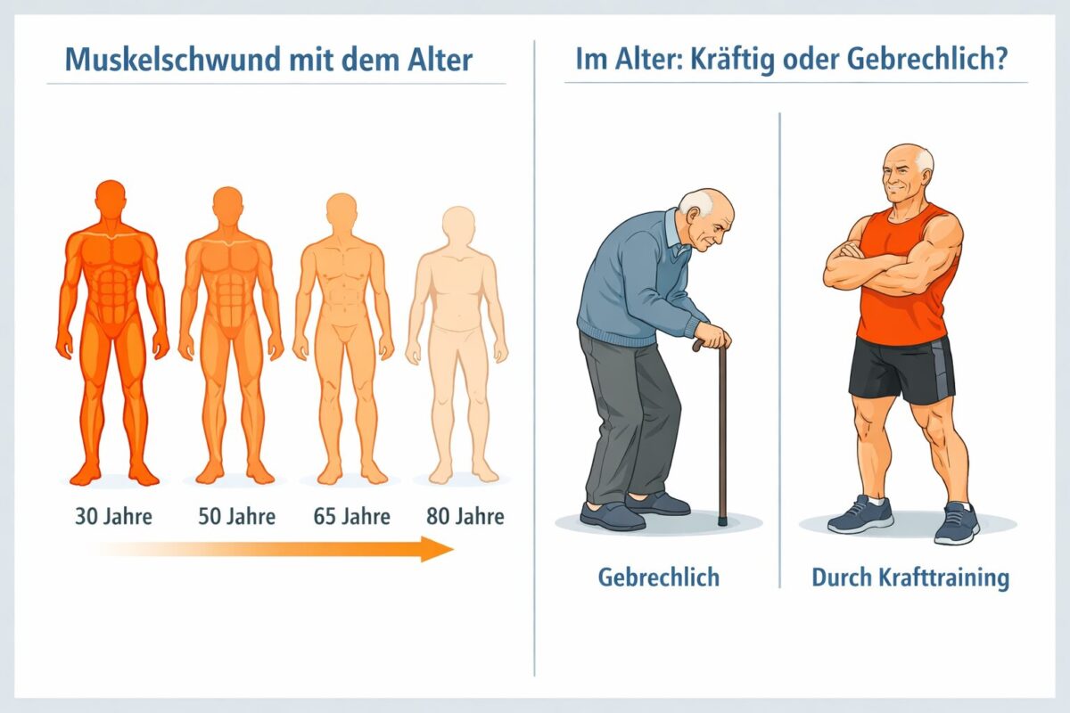 Muskeln als Altersvorsorge: Warum Krafttraining essenziell ist 1 Detailed () split-panel infographic illustration showing on the left side a human body silhouette with muscle mass