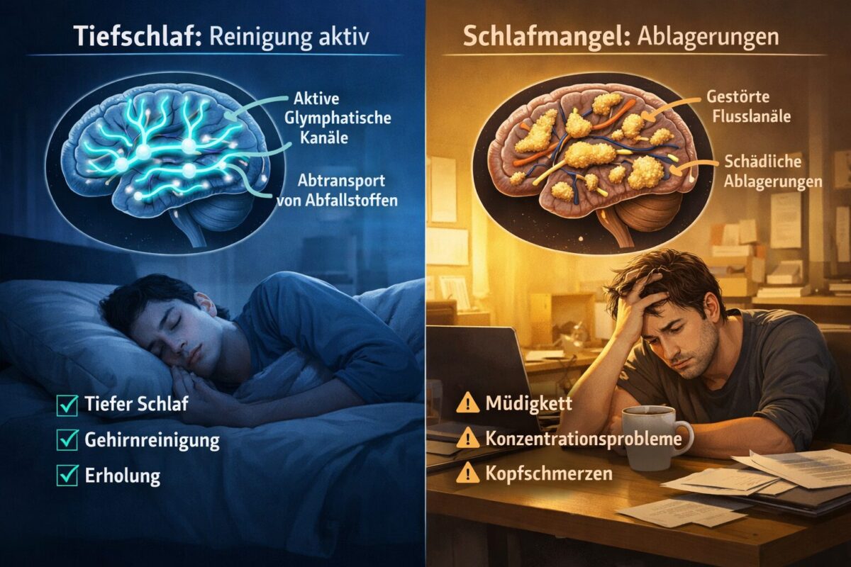 Das glymphatische System: Wie sich dein Gehirn im Schlaf selbst wäscht 2 Detailed () split-scene comparison image: left side shows a person in deep slow-wave sleep (dark bedroom, relaxed posture,