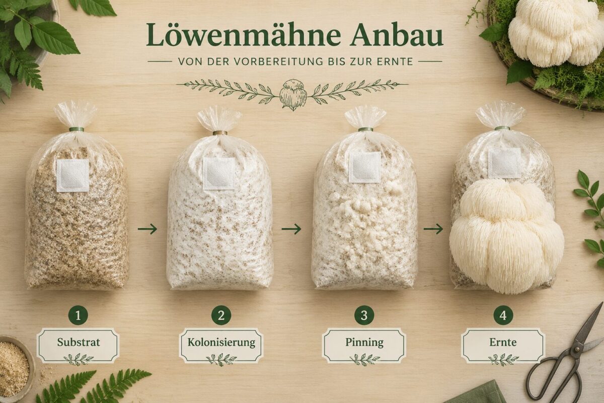 Löwenmähne züchten: Wie das faszinierende Superfood jetzt auf deinem Schreibtisch wächst 1 Detailed () step-by-step visual guide showing four stages of Lion's Mane mushroom cultivation on a desk: substrate bag