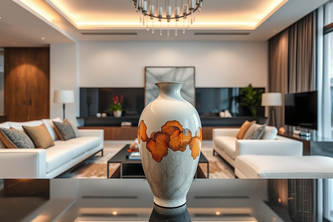 Ein Bild einer schönen Keramik-Vase in einem modernen Wohnzimmer