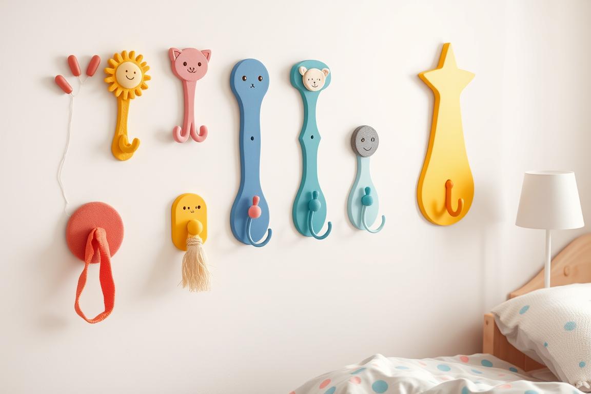 Ein Bild von bunten Wandhaken im Kinderzimmer