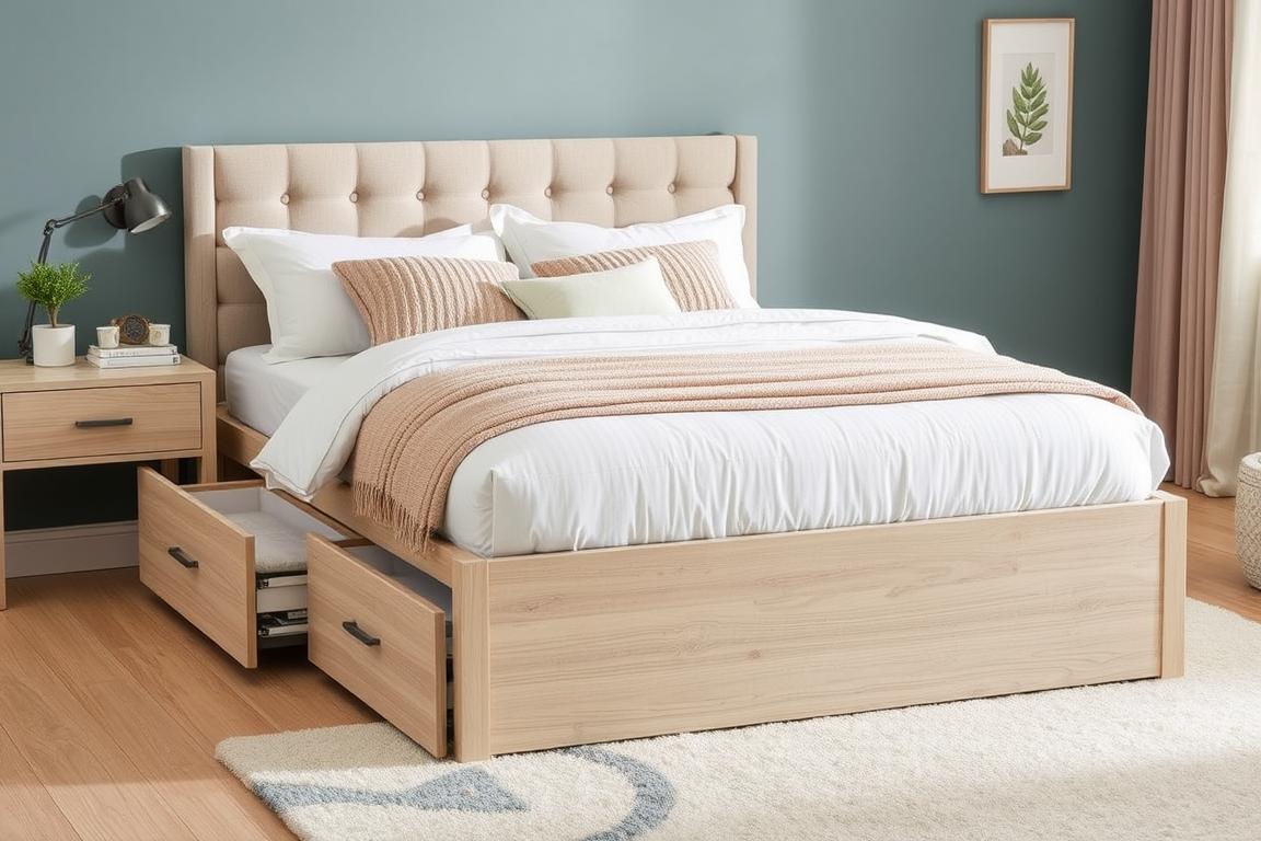 Ein Bild von einem Bett mit Stauraum, das sowohl komfortabel als auch praktisch ist.