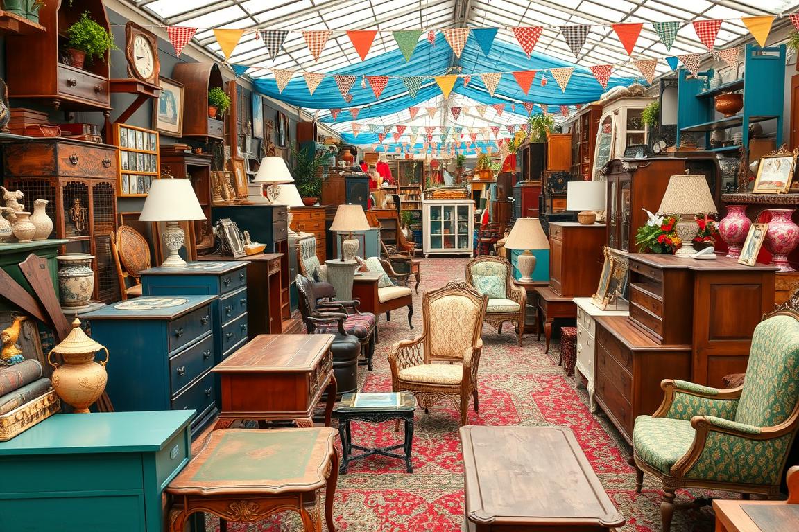 Ein Bild von einem Flohmarkt mit verschiedenen Vintage-Möbeln