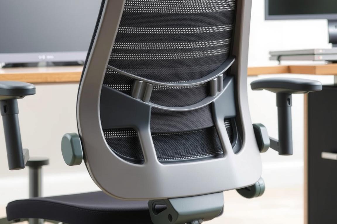 Ein Bild von einem ergonomischen Bürostuhl mit Lordosenstütze und verstellbaren Armlehnen.