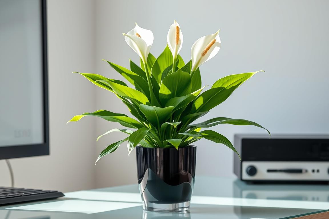 Eine Friedenslilie auf einem Schreibtisch Eine Friedenslilie auf einem Schreibtisch