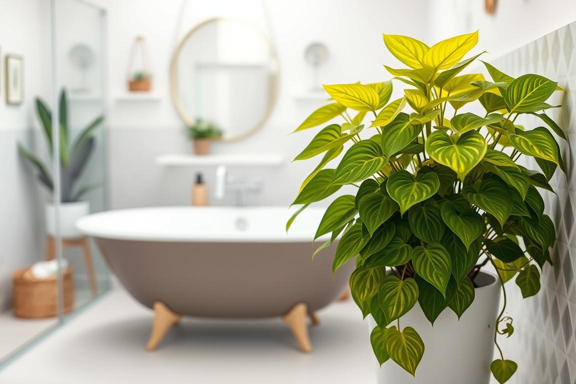 Eine goldene Pothos-Pflanze im Badezimmer Eine goldene Pothos-Pflanze im Badezimmer