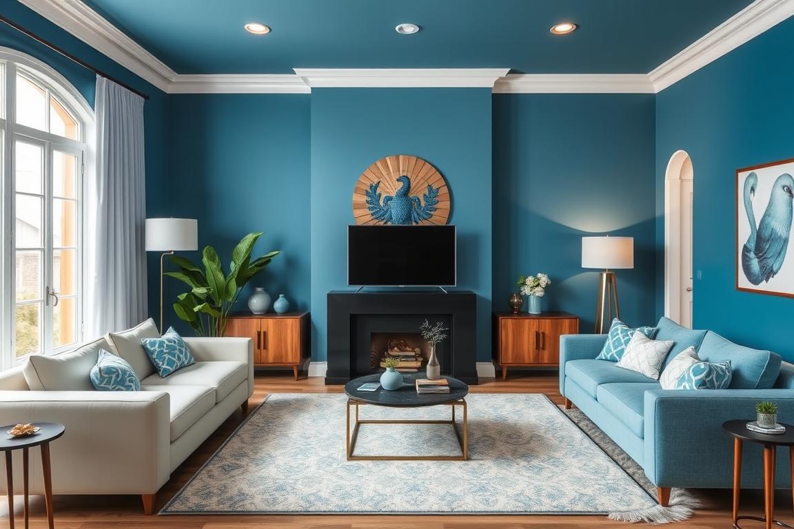 Einrichtung eines Wohnzimmers in verschiedenen Blautönen Einrichtung eines Wohnzimmers in verschiedenen Blautönen