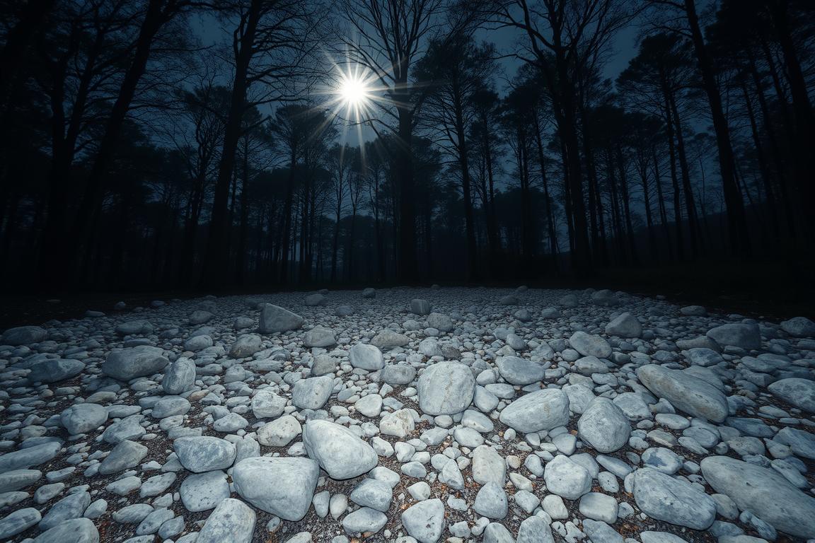 Enchanting moonlit landscape, where stones bask in the soft, ethereal glow. A serene forest clearing, the ground covered in a scattering of various-sized rocks, some smooth and worn, others jagged and rough. Delicate moonbeams caress the stones, causing them to subtly emanate a gentle, mystical energy. The surrounding trees stand tall, their branches reaching towards the sky, creating a natural, organic frame. The mood is tranquil and contemplative, inviting the viewer to pause and connect with the ancient, lunar-charged power radiating from the stones. Photographed with a wide-angle lens, capturing the full scope of this captivating, otherworldly scene.