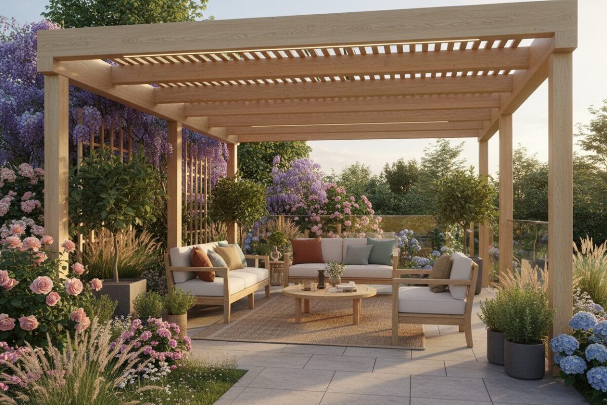 Fotorealistische Darstellung einer modernen Terrassenüberdachung aus hellem Leimholz in einem blühenden Garten, gemütliche Holzmöbel unter dem Dach, warmes Abendlicht, 8k Auflösung.