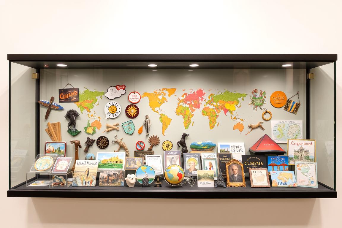 Generiere ein Bild von einer Vitrine mit Reise-Souvenirs