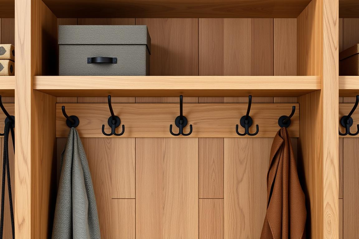 Generiere ein Bild von einer stylishen Garderobe mit Wandhaken