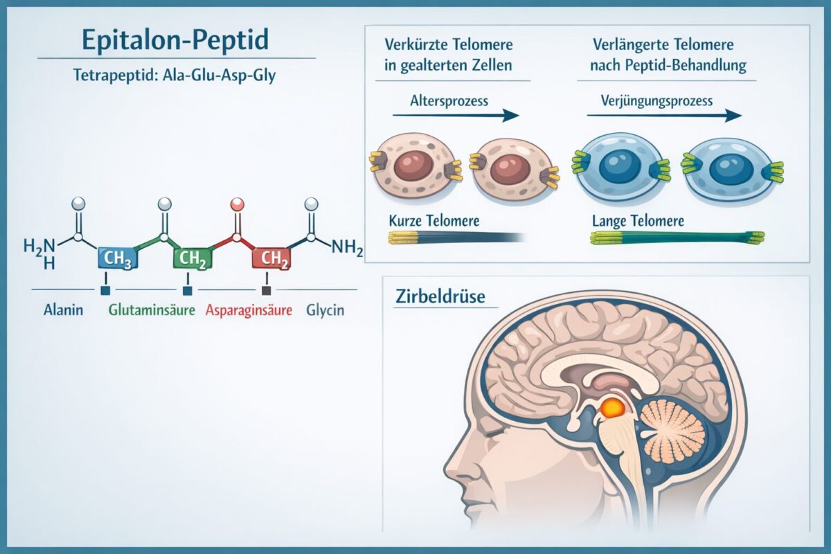Epitalon & Co.: Die Rolle von Peptiden in der Anti-Aging-Forschung 1 Professional () scientific infographic illustration showing Epitalon peptide molecular structure (Ala-Glu-Asp-Gly