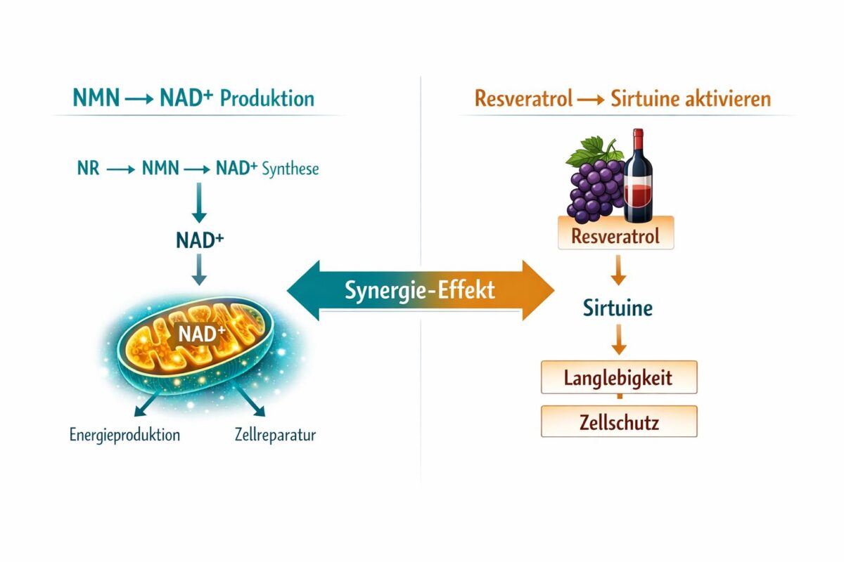 NMN & Resveratrol: Welche Longevity-Supplements wirklich wirken 1 Professional () scientific infographic illustration showing a split-screen comparison of NMN and Resveratrol molecular