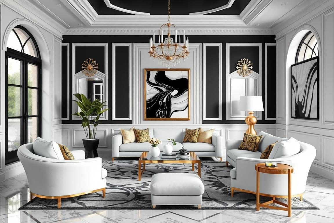 Schwarz-Weiß-Einrichtung mit goldenen Akzenten Schwarz-Weiß-Einrichtung mit goldenen Akzenten