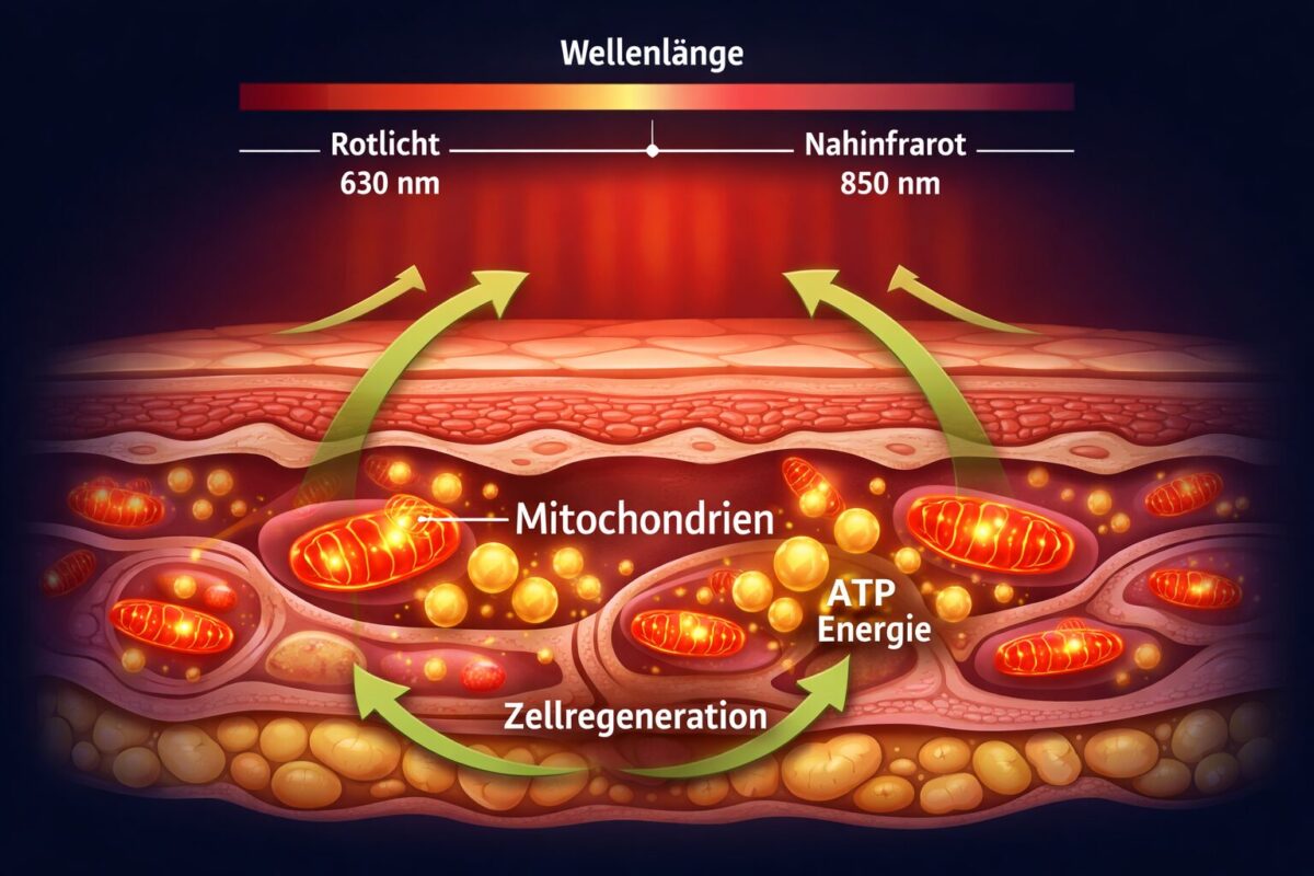Photobiomodulation: Rotlichttherapie für zelluläres Anti-Aging 1 Scientific infographic illustration in () showing a cross-section of human skin cells with mitochondria highlighted in