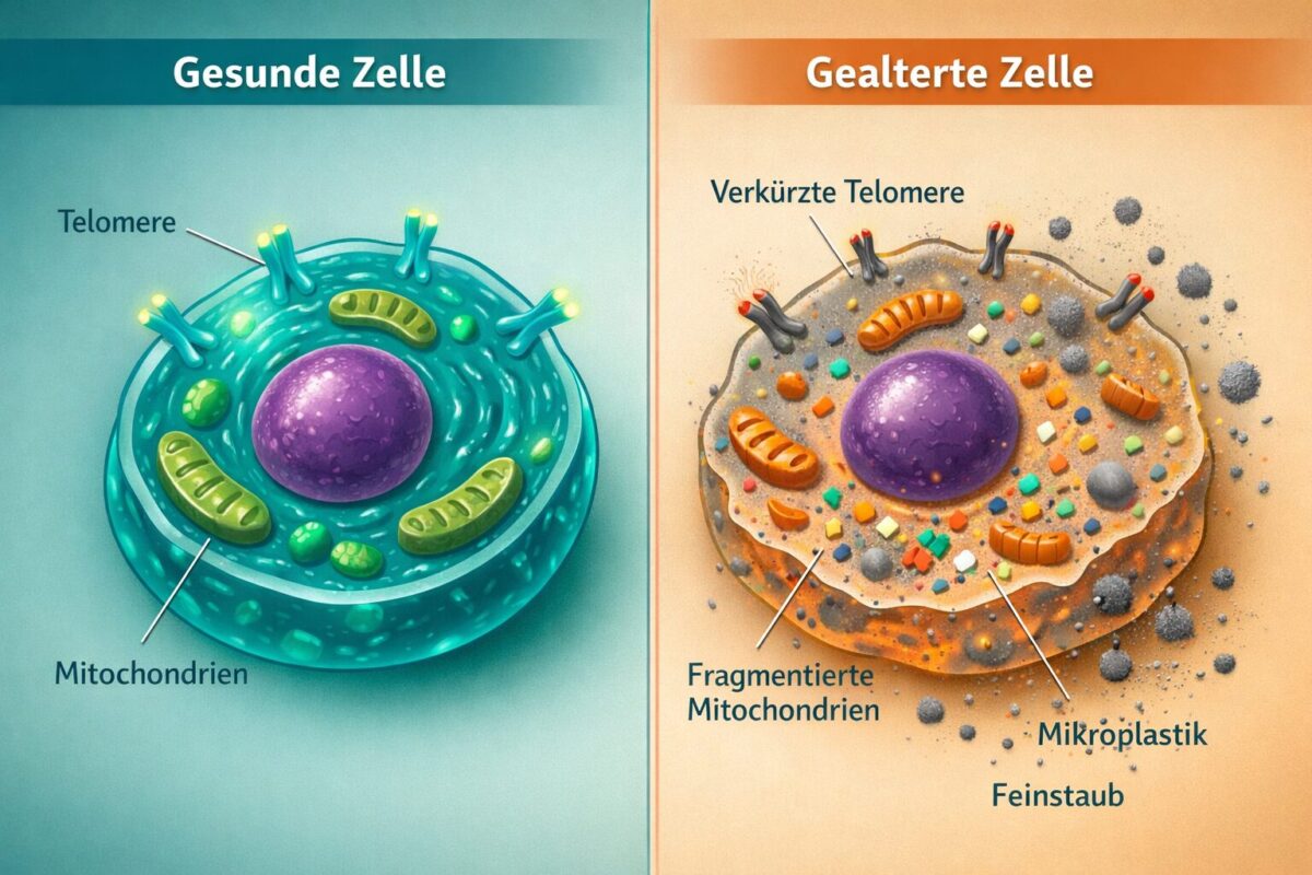 Scientific infographic illustration () showing a split-scene comparison: left side depicts healthy young cell with intact