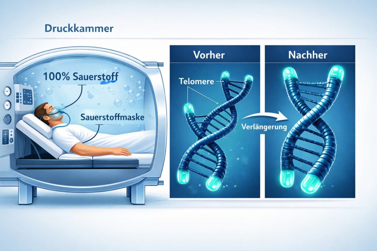 Sauerstofftherapie (HBOT): Unter Druck die Telomere verlängern? 1 Scientific infographic-style illustration showing a cross-section of a hyperbaric oxygen chamber with labeled components in