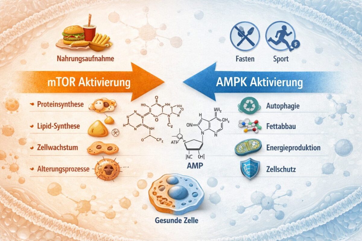mTOR vs. AMPK: Die wichtigste Stoffwechsel-Wippe des Alterns 1 Scientific infographic-style landscape image () showing a detailed metabolic pathway diagram: two opposing arrows labeled
