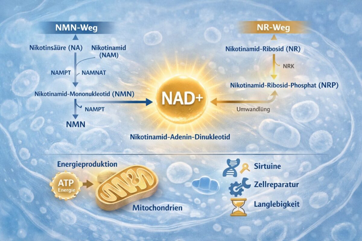 NMN vs. NR: Welcher NAD-Booster liefert die besseren Ergebnisse? 1 Scientific infographic-style landscape image () showing a detailed molecular pathway diagram of NAD+ biosynthesis in the