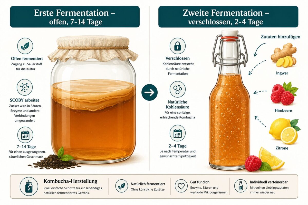 Kombucha-Zweitfermentation: So gelingt die perfekte Kohlensäure 1 Split-panel () infographic illustration comparing Erste Fermentation vs Zweite Fermentation in Kombucha-Herstellung. Left