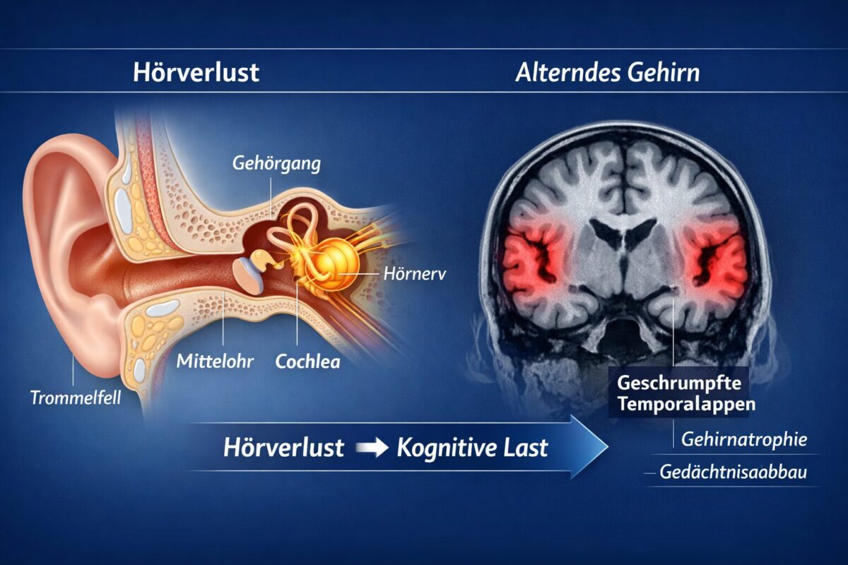 Gehör und Demenz: Der unterschätzte Treiber für Gehirnalterung 1 Split-panel scientific infographic illustration: left side shows cross-section of human ear with cochlea and auditory nerve