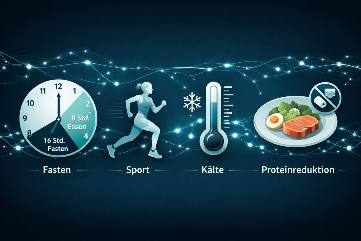 Autophagie: So aktivierst du den zellulären Anti-Aging-Schalter 1 Split-scene () infographic showing four autophagy activation methods: intermittent fasting clock (16:8 dial), exercise