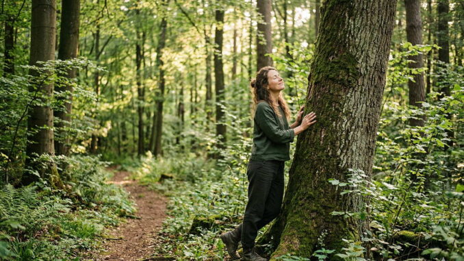 Person beim Waldbaden in einem sonnendurchfluteten Wald