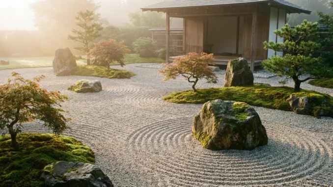 Meditativer Zen-Garten als Symbol buddhistischer Achtsamkeit