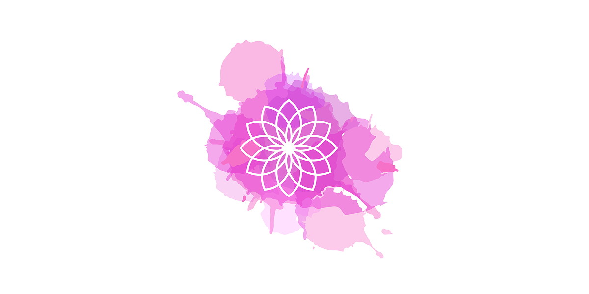 Ein abstraktes, rosa und lila Farbklecks-Muster mit einer weißen Blume in der Mitte auf weißem Hintergrund.