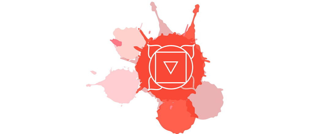 chakra-muladhara-wurzelchakra Ein rotes, spritzendes Farbklecks-Design mit einem weißen Symbol in der Mitte auf weißem Hintergrund.