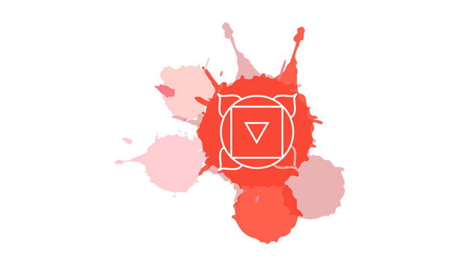 Ein rotes, spritzendes Farbklecks-Design mit einem weißen Symbol in der Mitte auf weißem Hintergrund.