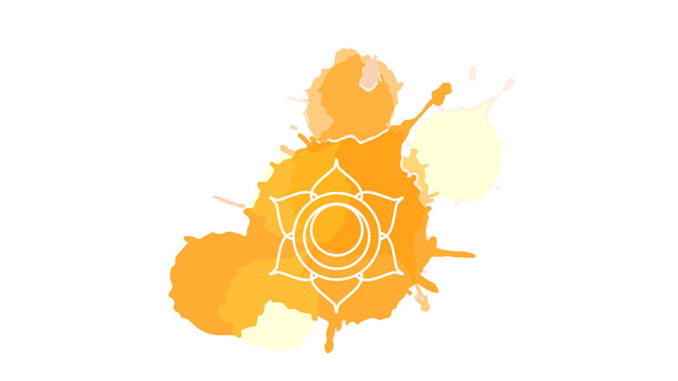 Das Bild zeigt ein oranges fleckiges Muster mit einem weißen mandalaartigen Symbol in der Mitte.