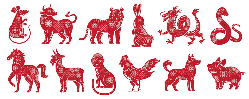 Rote, stilisierte Illustrationen der zwölf chinesischen Tierkreiszeichen in symmetrischen Mustern.